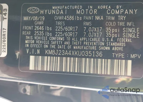 2019 Hyundai Tucson Se из США, поврежденный, VIN KM8J23A4XKU035136